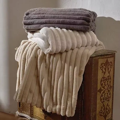 Striped Rabbit Hair Covered Blanket